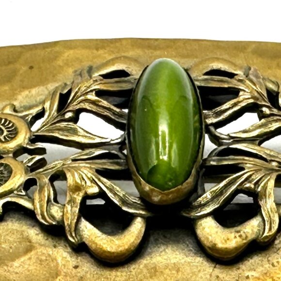 XL Art Nouveau Brass Brooch with Green Foil-Back Glass Stone — EUC - Picture 5 of 9